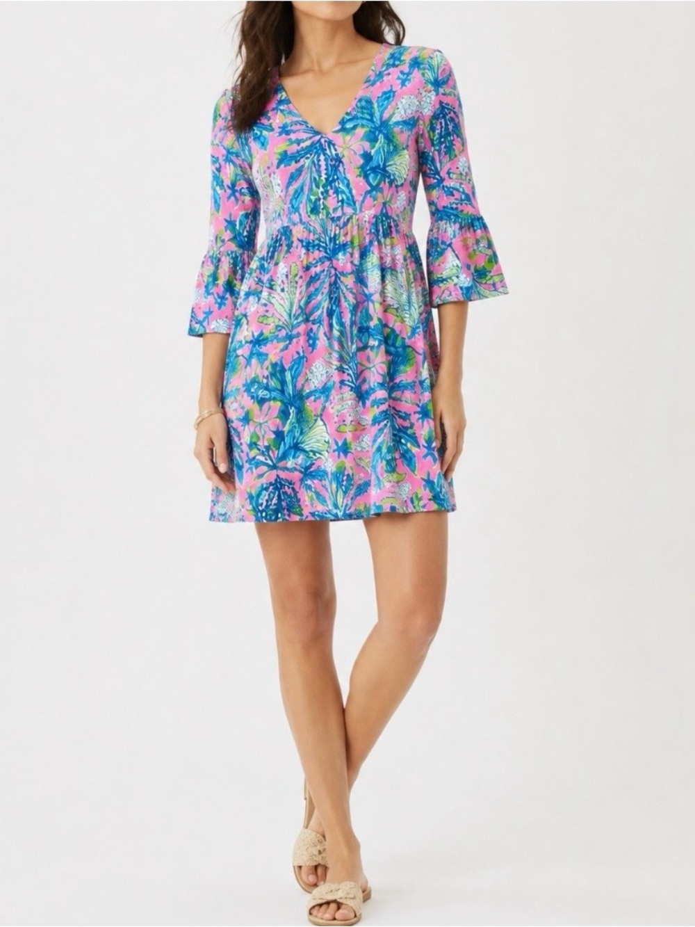 NWT Lilly Pulitzer Jannie V-Neck 3/4 Sleeve Dress Mandevilla Baby Hip Size Large